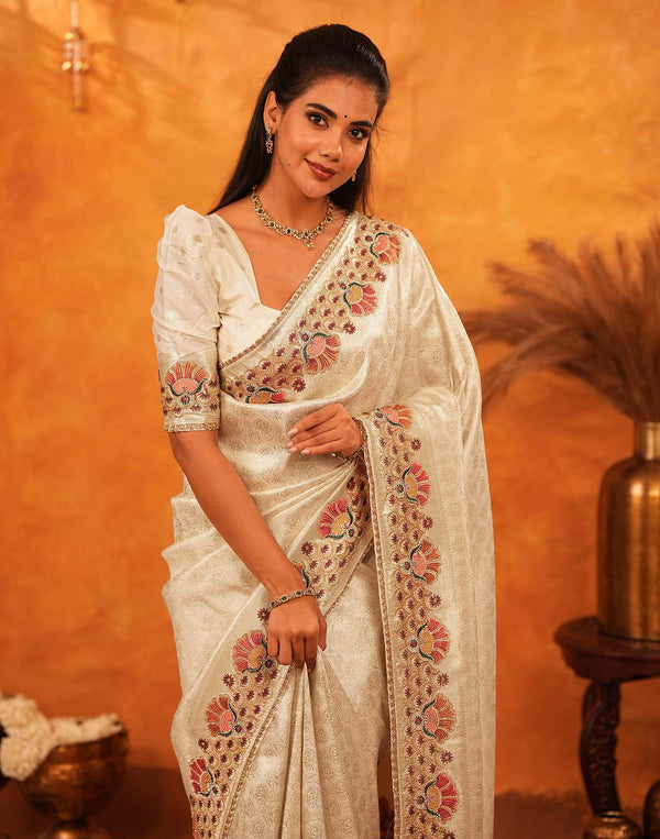 Off White Silk Woven Embroidery Stone Work Banarasi Saree