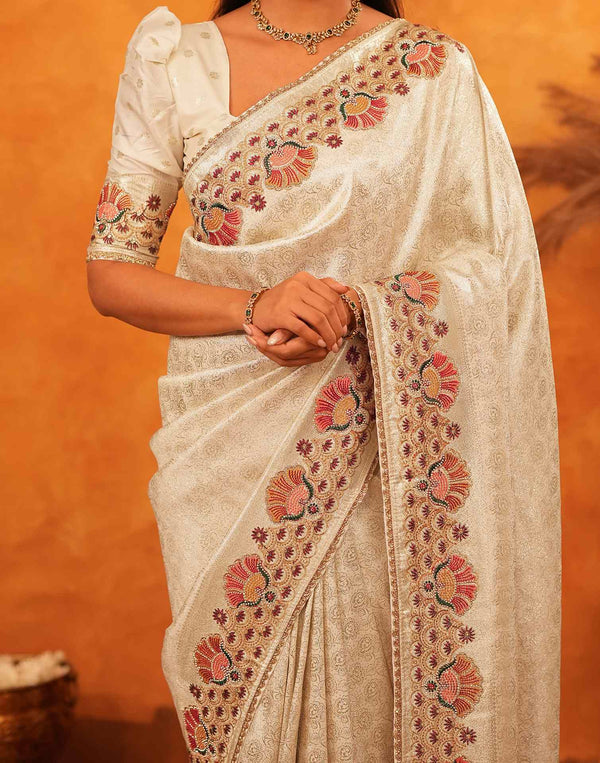 Off White Silk Woven Embroidery Stone Work Banarasi Saree