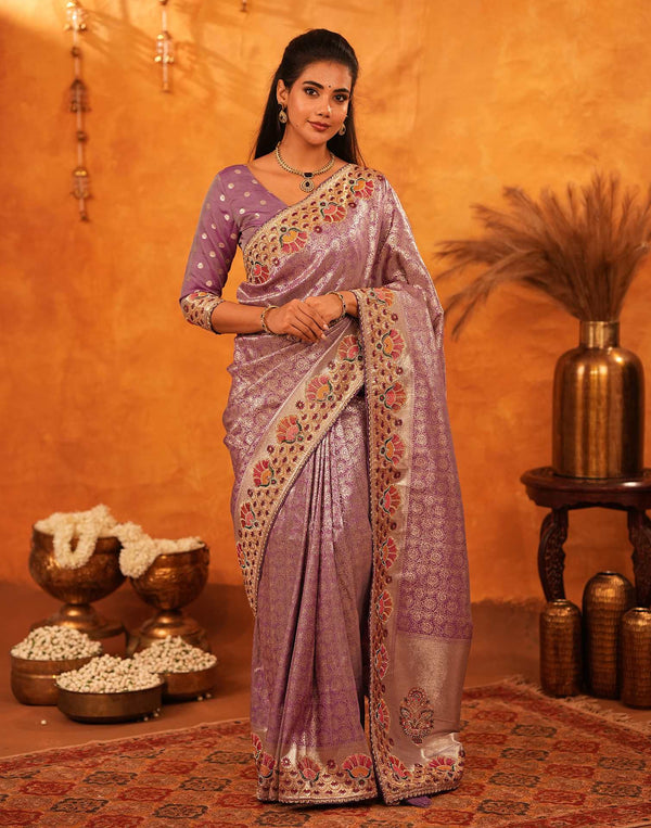 Dusty Purple Silk Woven Embroidery Stone Work Banarasi Saree