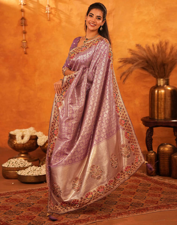 Dusty Purple Silk Woven Embroidery Stone Work Banarasi Saree