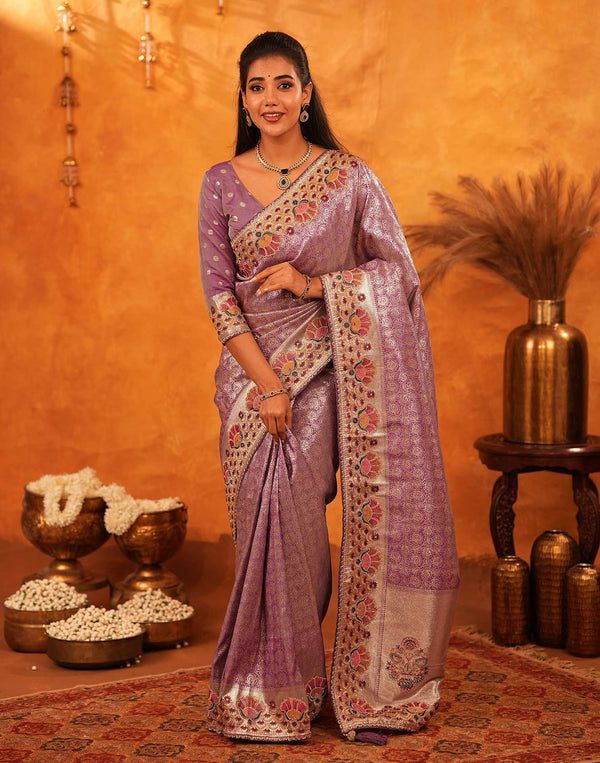 Dusty Purple Silk Woven Embroidery Stone Work Banarasi Saree