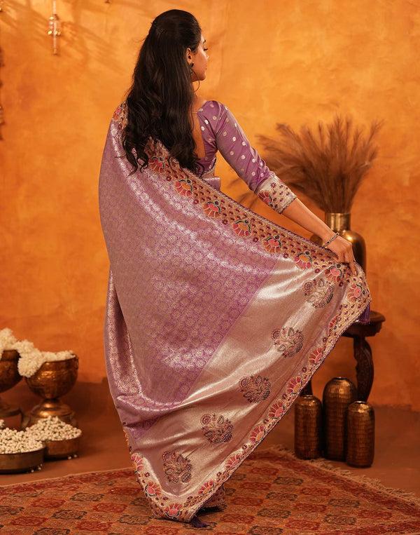 Dusty Purple Silk Woven Embroidery Stone Work Banarasi Saree