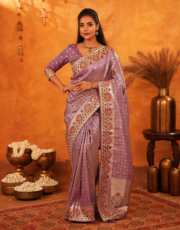 Dusty Purple Silk Woven Embroidery Stone Work Banarasi Saree