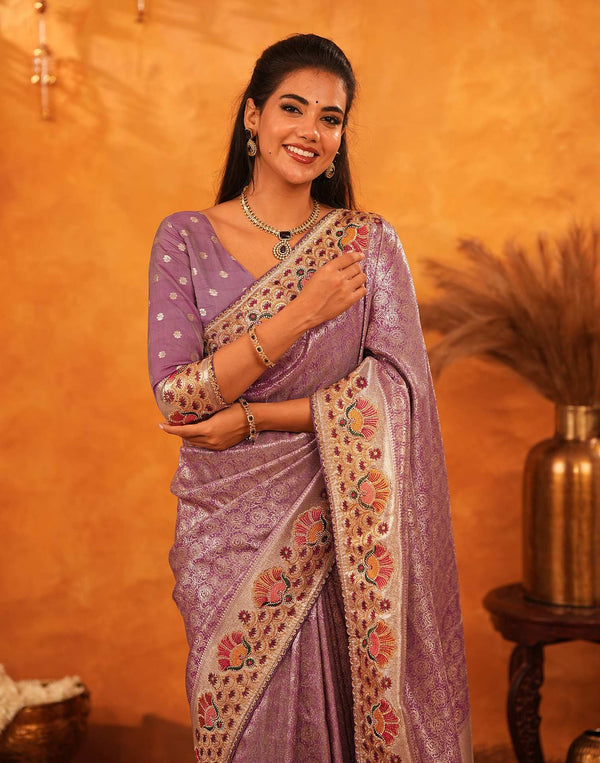 Dusty Purple Silk Woven Embroidery Stone Work Banarasi Saree