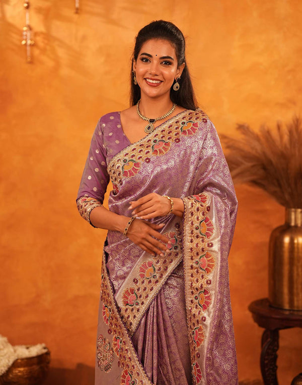 Dusty Purple Silk Woven Embroidery Stone Work Banarasi Saree