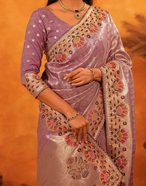 Dusty Purple Silk Woven Embroidery Stone Work Banarasi Saree