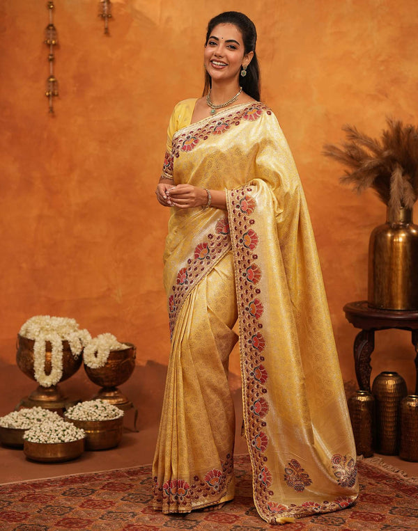 Light Yellow Silk Woven Embroidery Stone Work Banarasi Saree