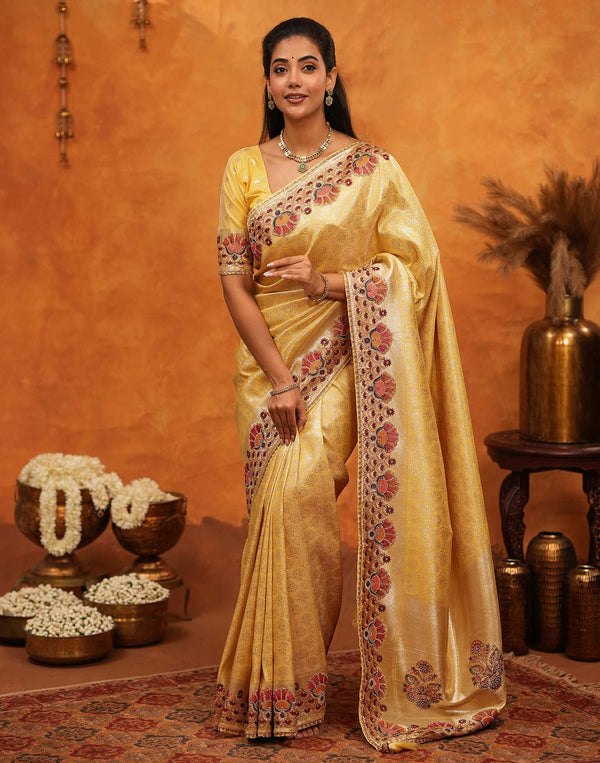 Light Yellow Silk Woven Embroidery Stone Work Banarasi Saree