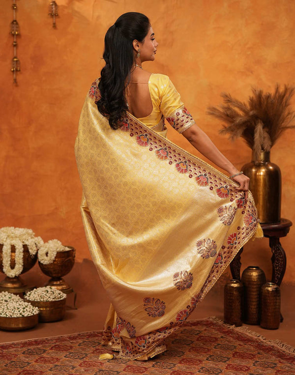Light Yellow Silk Woven Embroidery Stone Work Banarasi Saree