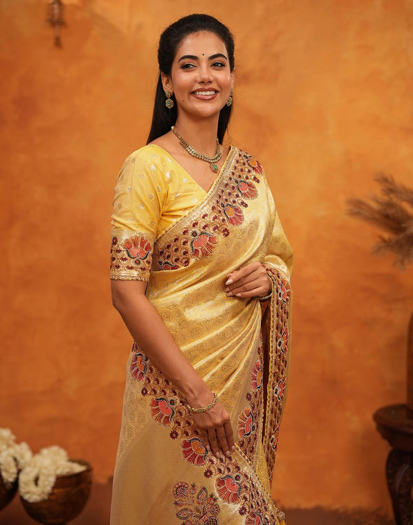 Light Yellow Silk Woven Embroidery Stone Work Banarasi Saree