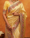 Light Yellow Silk Woven Embroidery Stone Work Banarasi Saree