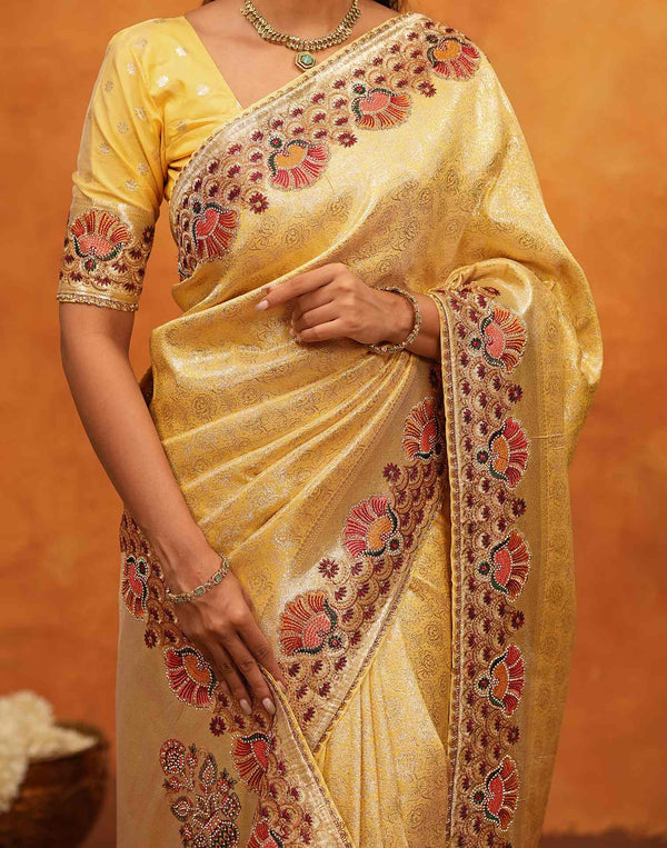 Light Yellow Silk Woven Embroidery Stone Work Banarasi Saree
