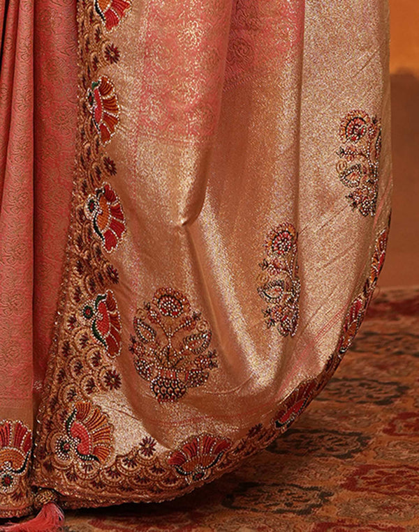 Light Pink Silk Woven Embroidery Stone Work Banarasi Saree