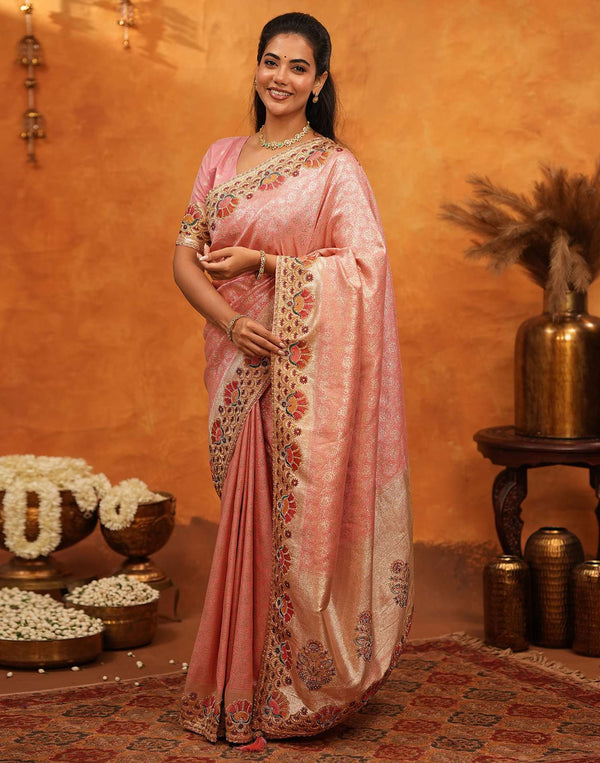 Light Pink Silk Woven Embroidery Stone Work Banarasi Saree
