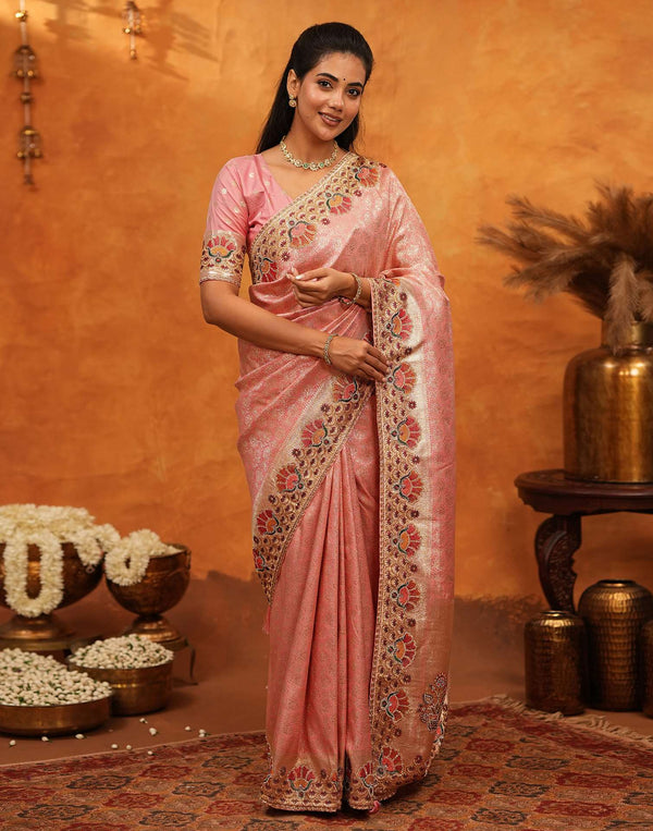 Light Pink Silk Woven Embroidery Stone Work Banarasi Saree
