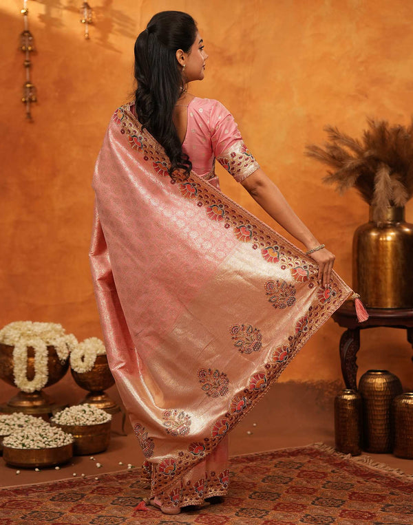 Light Pink Silk Woven Embroidery Stone Work Banarasi Saree