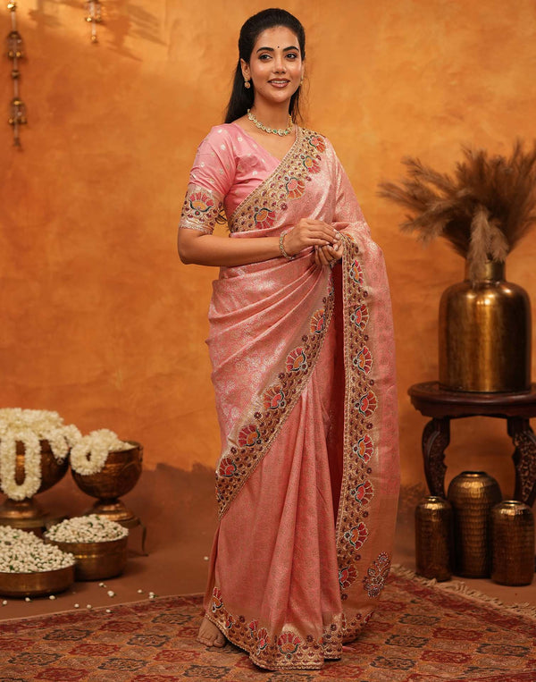 Light Pink Silk Woven Embroidery Stone Work Banarasi Saree
