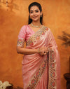 Light Pink Silk Woven Embroidery Stone Work Banarasi Saree