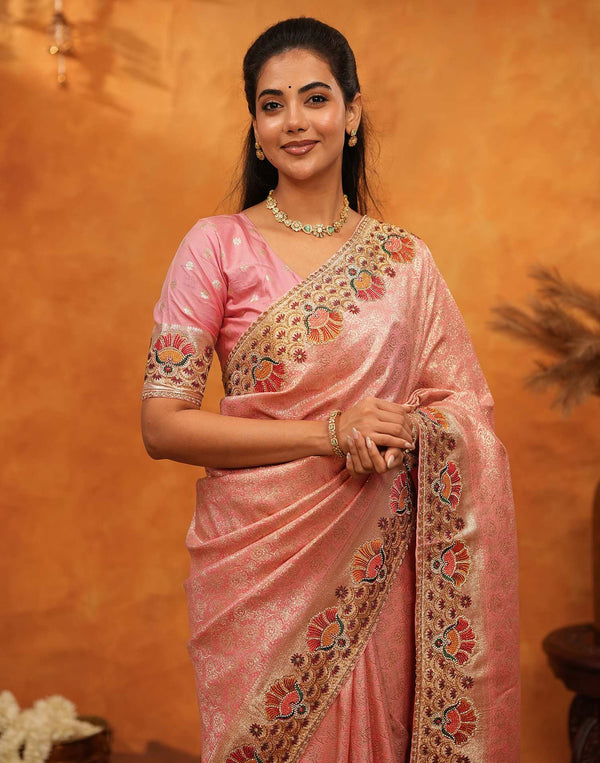 Light Pink Silk Woven Embroidery Stone Work Banarasi Saree
