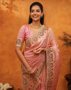 Light Pink Silk Woven Embroidery Stone Work Banarasi Saree
