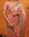Light Pink Silk Woven Embroidery Stone Work Banarasi Saree