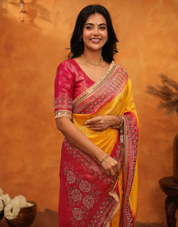 Yellow Silk Woven Stone Work Banarasi Saree