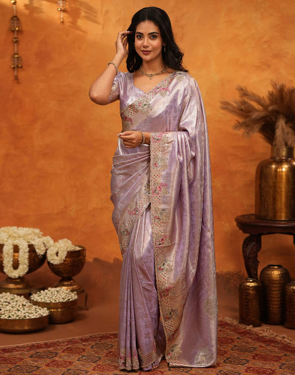 Lavender Silk Woven Embroidery Stone Work Banarasi Saree