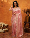 Coral Pink Silk Woven Embroidery Stone Work Banarasi Saree