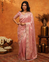 Coral Pink Silk Woven Embroidery Stone Work Banarasi Saree