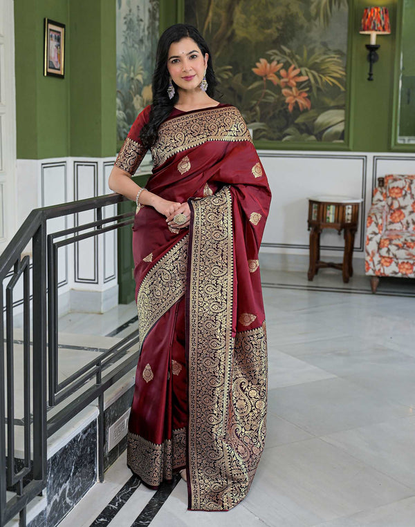 Maroon Silk Woven Banarasi Saree