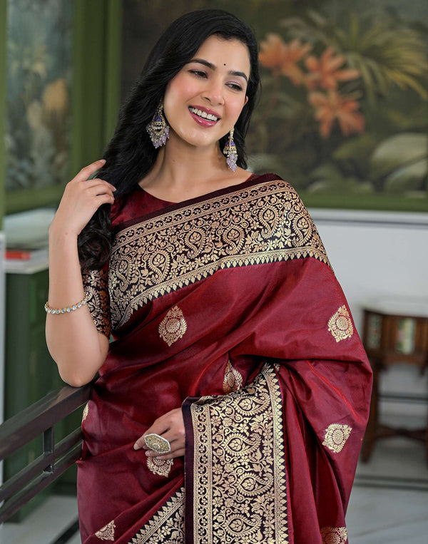 Maroon Silk Woven Banarasi Saree
