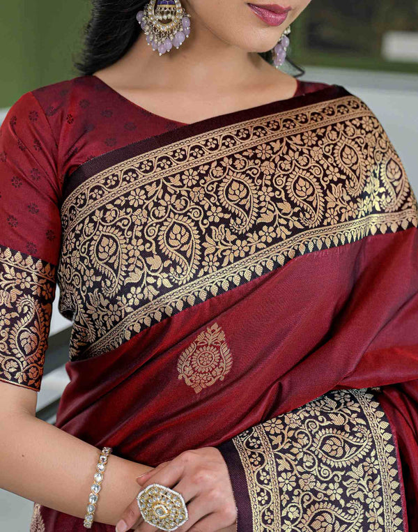 Maroon Silk Woven Banarasi Saree