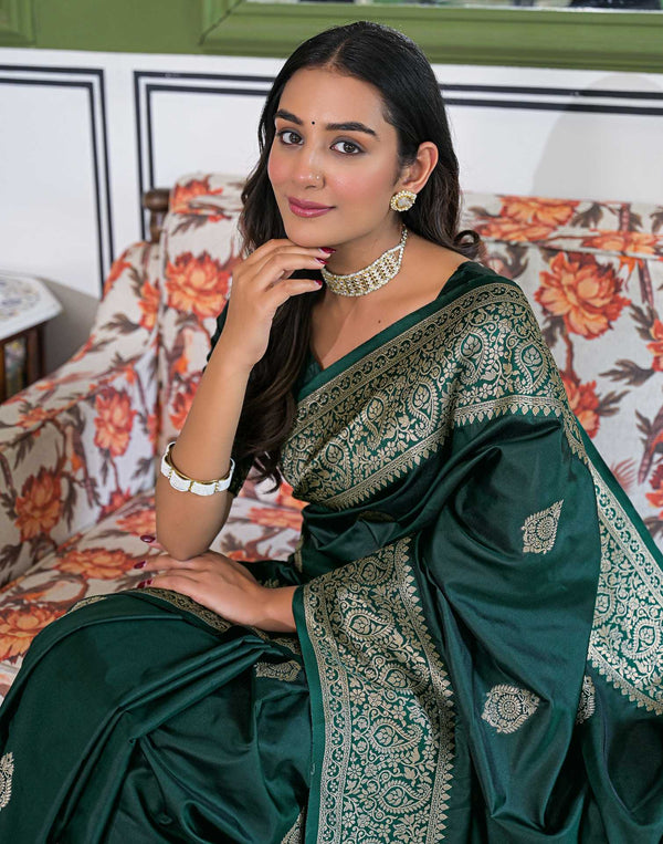 Dark Green Silk Woven Banarasi Saree