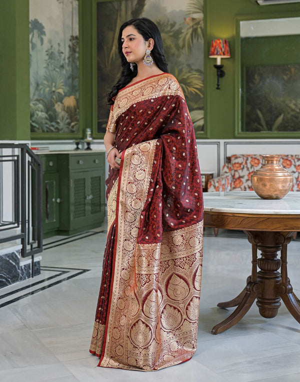 Maroon Silk Woven Banarasi Saree
