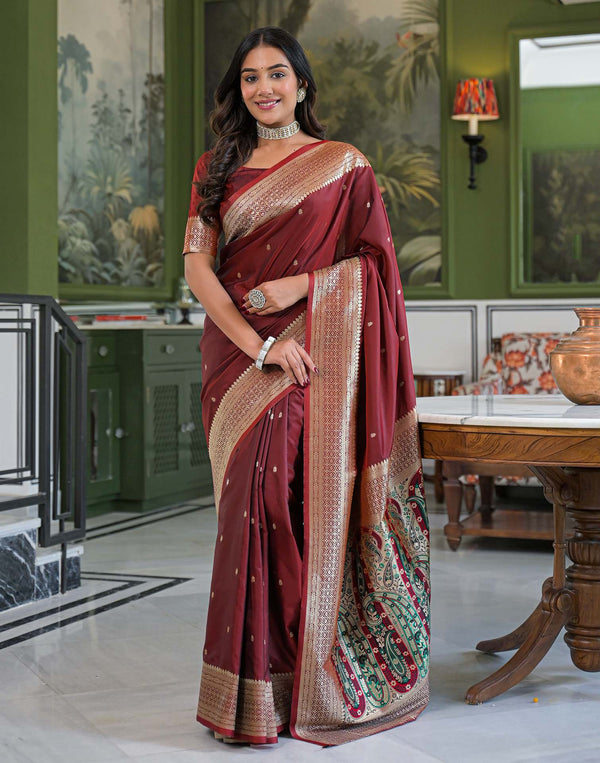 Maroon Silk Woven Banarasi Saree