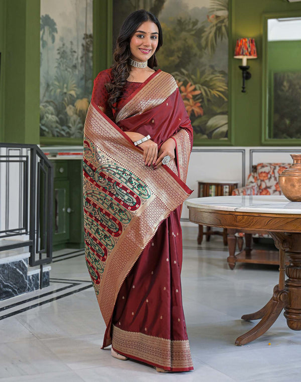 Maroon Silk Woven Banarasi Saree