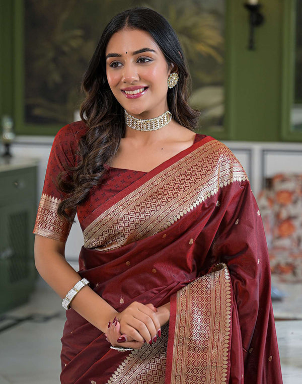 Maroon Silk Woven Banarasi Saree